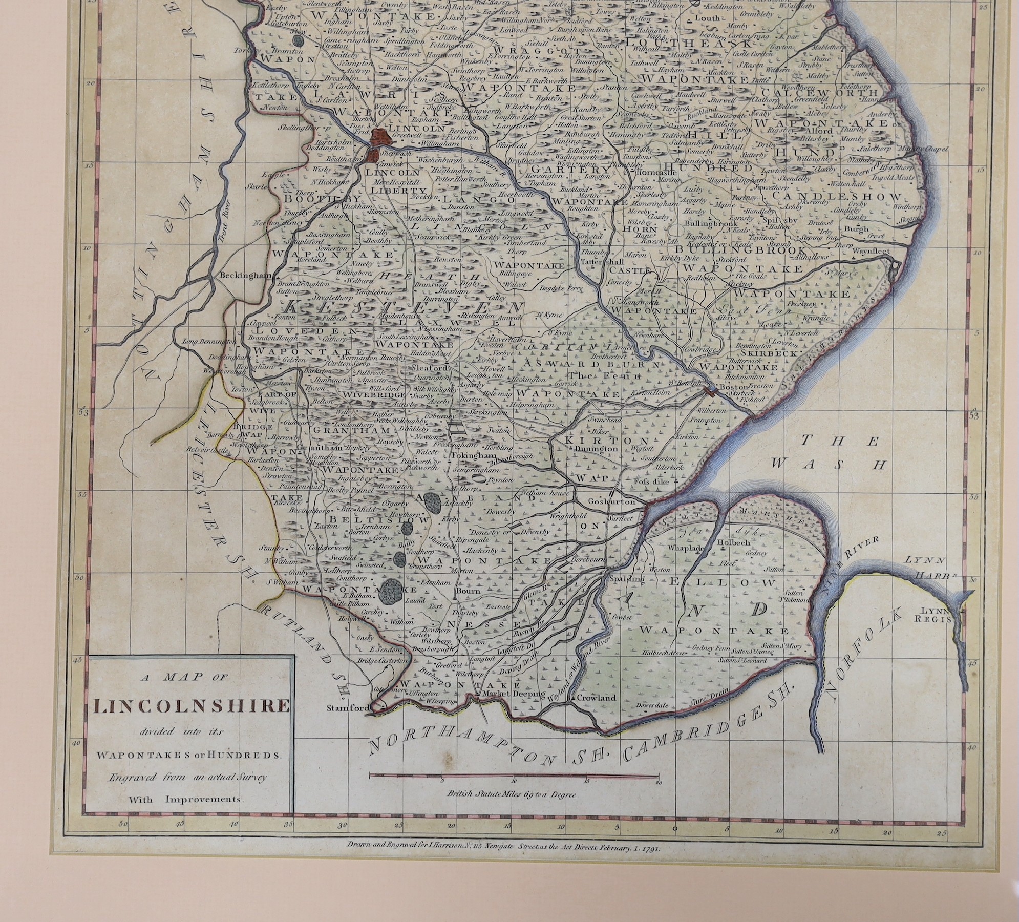 John Harrison, coloured engraving, Map of Lincolnshire 1791, 47 x 33cm